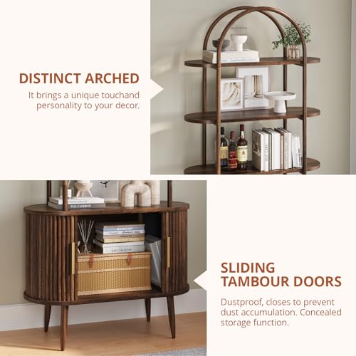 71" Tall Arched Bookshelf with Sliding Doors, Mid Century Modern Metal Curved Bookcase Cabinet with Storage, 4-Tier Storage Shelf for Living Room, Home Office, Bedroom, Walnut