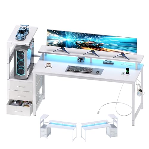 L Shaped Gaming Desk with Shelves Storage Drawers 59'', White Computer Desks with LED Lights Power Outlets, Office Wood Table with PC Stand Cable Management for Bedroom Dual Monitor Streaming