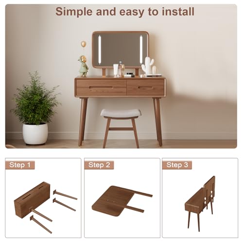 Solid Wood Vanity Desk with Mirror and 3 Lighting Modes, view 7