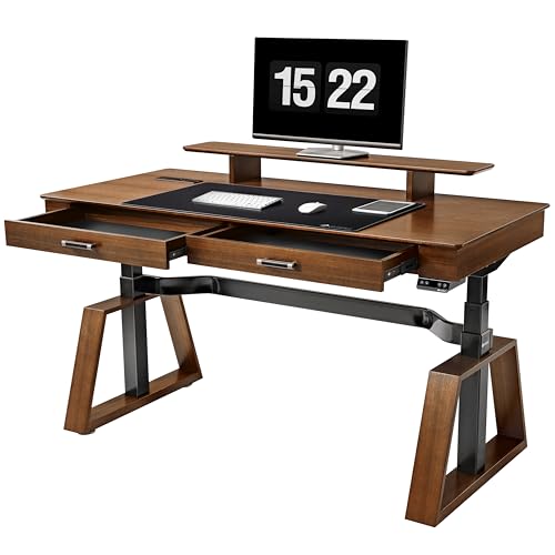 63" Standing Desk with Drawers, App Controlled Adjustable Desk, Executive Sit Stand Desk, Modern Home Office Computer Desk with Monitor Stand, Golden Walnut