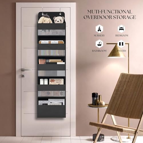 TYMENSH Black Over Door Organizer with 5 Large Clear Pockets and 6 Side Mesh, view 7