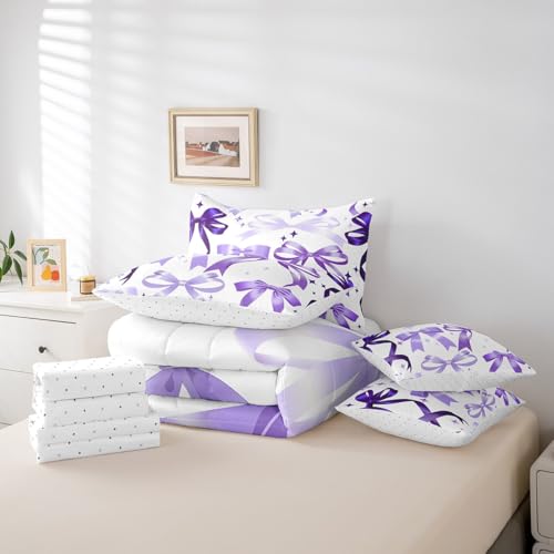Purple Bowknot Comforter Set 7 Pieces Twin,Girly Bedroom Gift 3D Watercolor Bow Bedding Set,Romantic Bowknot Kids Bedroom Gift (Comforter+Fitted+Flat Sheet+2 Pillowcases+2 Throw Pillow Covers)