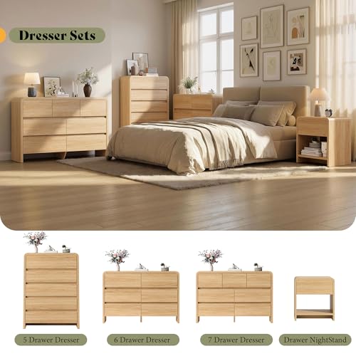 Modern 3-Piece Bedroom Furniture Set with 7-Drawer Dresser and 2 Nightstands, Large Storage Capacity, Rounded Corners, Flexible Combination Design, Anti-Tip Kit Included, Light Oak
