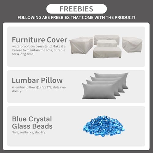 7-Piece Outdoor Furniture Sets Patio Furniture Set with 45-inch Fire Pit Patio Couch Outdoor Chairs 60000 BTU Propane Fire Pit Table with Non-Slip Cushions Waterproof Covers, Light Grey
