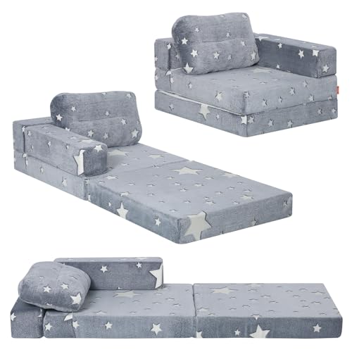 Kids Foldable Foam Play Couch, Glow Tri-Fold Floor Sofa & Futon