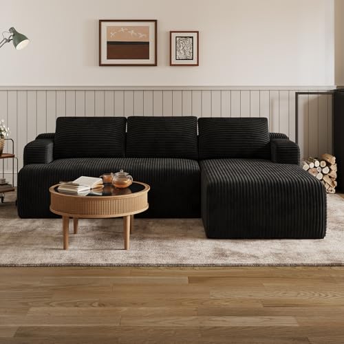 L-Shape Sectional Couches for Living Room with Smarts Coil® Support, 3 Seater Sectional Sofas for Living Room Bedroom, Corduroy Cloud Couch Sectional, No Assembly(Black, Right Hand Facing)