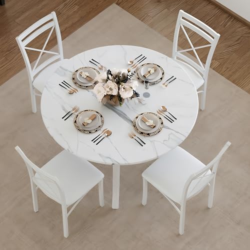 5 Piece Dining Table Set for 4 with Chairs, Faux Marble Tabletop, Small Space, Kitchen, Breakfast Nook, White