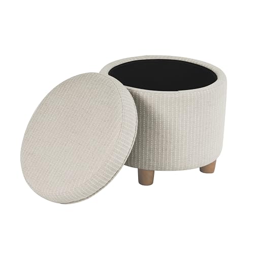 19" Round Storage Ottoman - White Woven Stripe