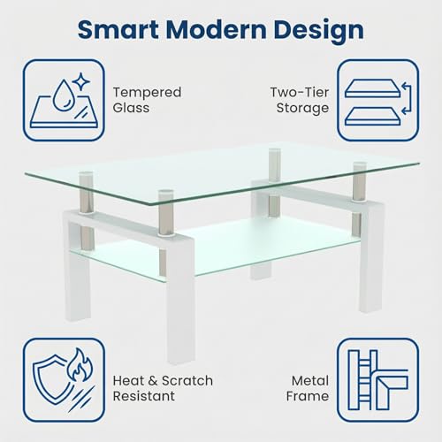 Glass Coffee Table for Living Room, Modern Coffee Table with Transparent Tempered Glass Top and White Metal Legs, Rectangle Tea Table for Home