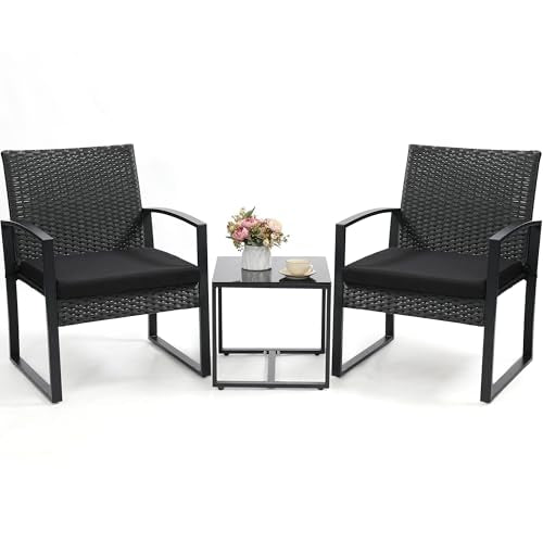Outdoor 3-Piece Wicker Bistro Set, Rattan Patio Conversation Set with Coffee Table, for Backyard Garden Poolside, Black Frame & Black Cushion