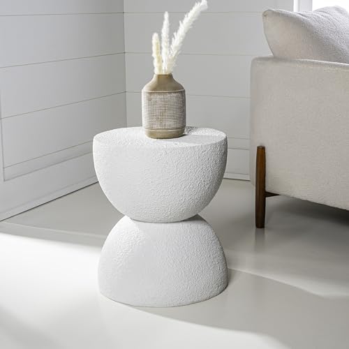 Greta 18" Hourglass Side Table, White Frosted | Indoor/Outdoor, Textured Polyresin Finish, All-Weather Modern Drink Stand, Plant Pot Pedestal, No Assembly Required