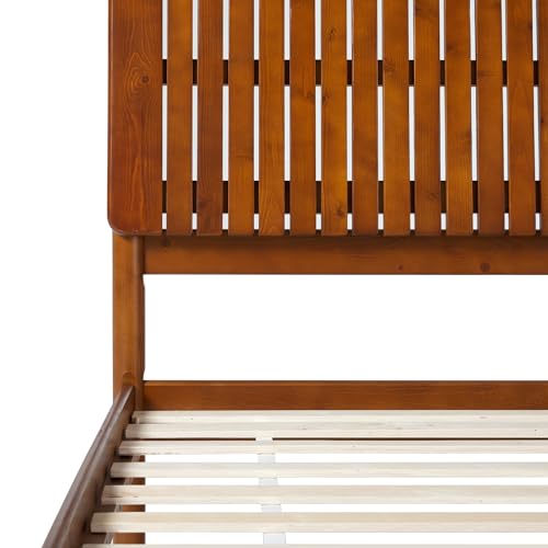 Queen Transitional Vertical Slatted Headboard Solid Wood Bed, Queen Size, Brown