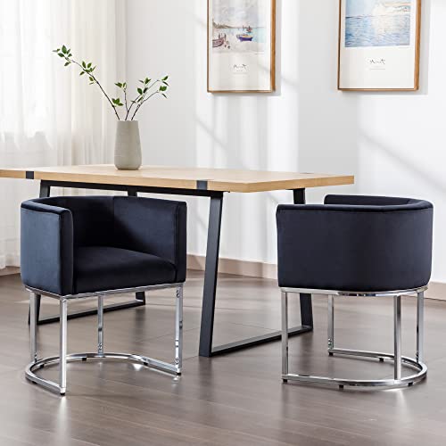 Velvet Dining Chairs Set of 4 Modern Barrel Arm Chairs with Chrome Metal Frame, Upholstered Kitchen Chairs 18.5" Wide Accent Chairs for Living Room Dining Room Restaurant, Black