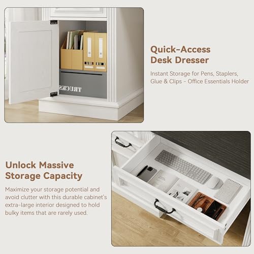 Farmhouse 57" Executive Desk with 7 Drawers, Home Office Desk with File Cabinet Storage, Computer Desk with Charging Station and Headphone Hook for Work, Study, Writing, White
