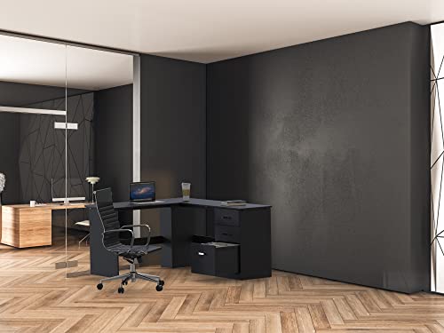 51 x 59 Inches L-Shaped Home Office Wood Corner Desk with Box Box File Drawers, Black
