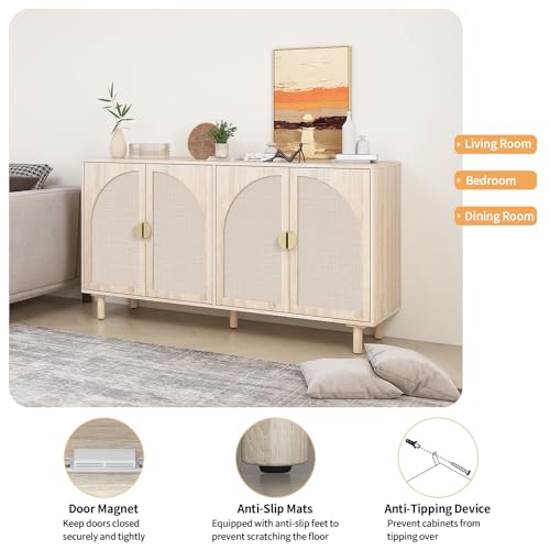 Sideboard Buffet Cabinet with Storage - Rattan 4 Door Cabinet, Accent Storage Cabinet with Cane Door, Boho Wood Credenza for Living Room, Kitchen (Beige)