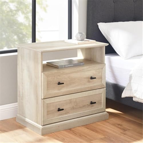 Clyde Classic Rustic 2-Drawer Open-Cubby Nighstands End Side Tables Living Room Bedroom Storage, White Oak