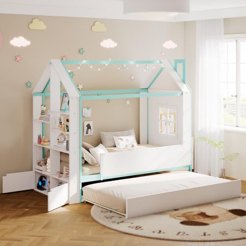 Twin Size House Bed Frame with Pull-Out Trundle, Tail End Storage Shelves, view 2