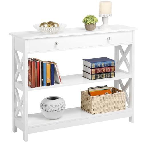 Yaheetech Console Table with Drawer, 3-Tier Entryway Table with Storage Shelves, Wood Narrow Sofa Table for Entryway/Hallway/Living Room, White