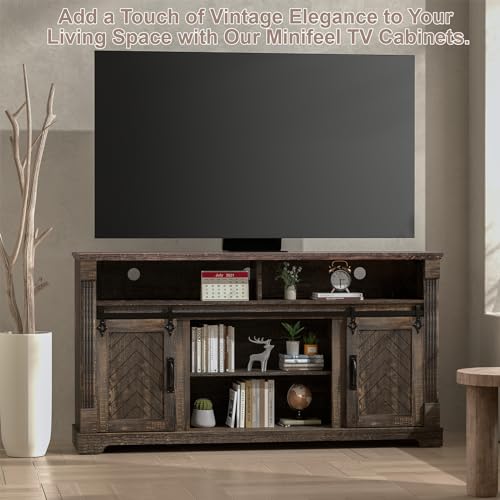 Farmhouse TV Stand for 65+ Inch TV, 31" Tall Entertainment Center with Adjustable Shelf, Rustic Media Console with Sliding Barn Door, Wood Television Stand for Living Room, Dark Rustic Oak