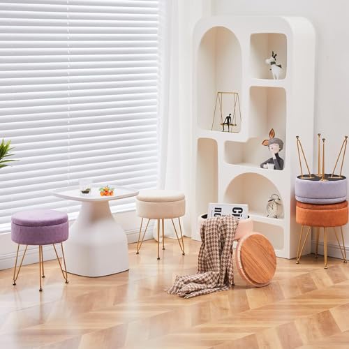 Velvet Storage Ottoman Round Footrest Stool Multifunctional Upholstered Ottoman Modern Accent Vanity Stools Tray Top Coffee Table Suitable for Living Room Bedroom