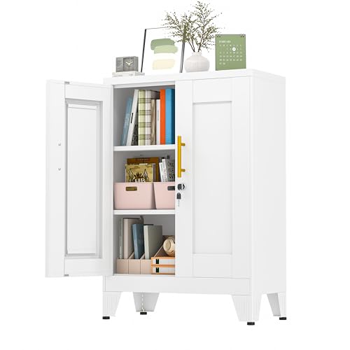 36" White Floor Storage Cabinet, Locked Metal Storage Cabinets with 2 Doors and 2 Adjustable Shelves, Sideboard Buffet Cabient, Freestanding Cabinet for Home/Office/Garage/Tool Room/Bathroom