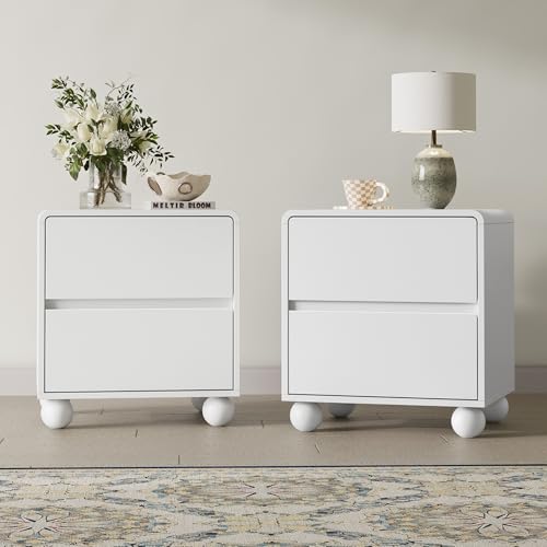 Mid-Century 3-Piece Dresser Bedroom Set, 6 Drawer Dresser & 2 Drawer Nightstands with Curved Profile Design & Handle Free, Wood Chest of Drawers for Bedroom, Living Room, Hallway, White