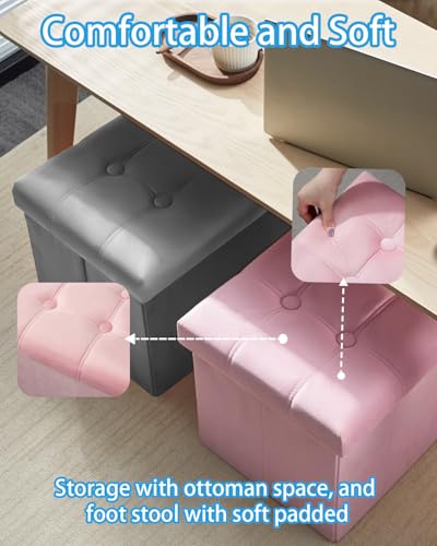 Storage Ottoman Foot Stool, 17 inches Folding Ottoman with Storages, Velvet Storage Bench with Side Pocket, Foot Rest for Living Room, Bedroom (Pink)