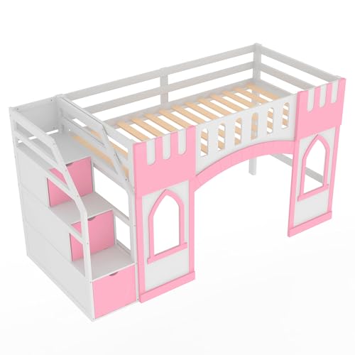 Twin Low Loft Bed with Staircase, Wood Princess Girls Bed Frame with Storage for Boys, Girls, Gray,Pink