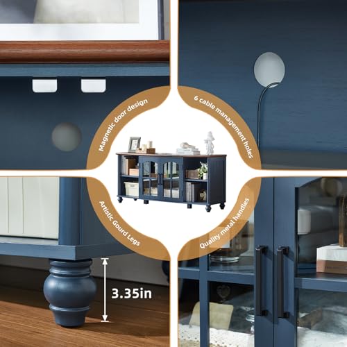 Farmhouse TV Stand for 60 Inch TV, Wood Entertainment Center with Adjustable Shelves & Glass Door Storage Cabinet,Television Stands for 65" TVS,TV Console Table for Living Room,Bedroom,Navy Blue