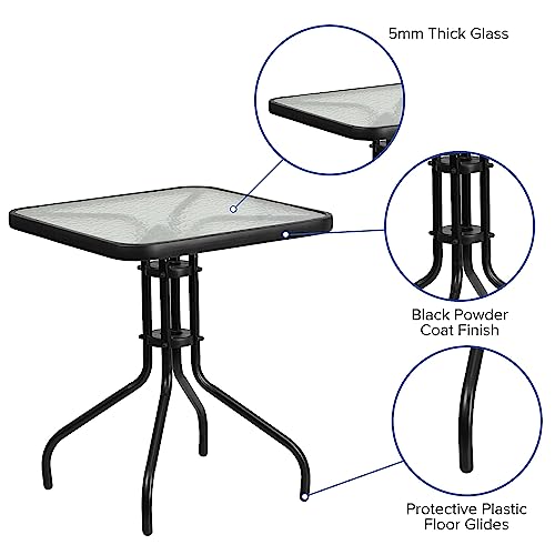 Barker 23.5" Square Indoor/Outdoor Tempered Glass Patio Side Table, Outdoor Patio Table for Commercial or Residential Use, Clear/Black