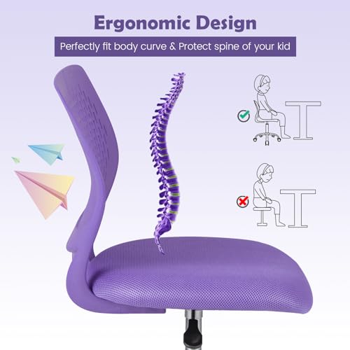 Desk Chair for Teen, Kids Armless Swivel Small Cute Low-Back Mesh Office Chair Comfy with Adjustable Height, Lumbar Support, Ergonomic Computer Study Chair in Home Bedroom School, Purple