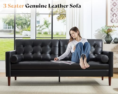 Leather Sofa, Mid Century Modern Genuine Leather Sofa, 3 Seater Comfy Couch for Living Room Home Office, Black Leather Couch