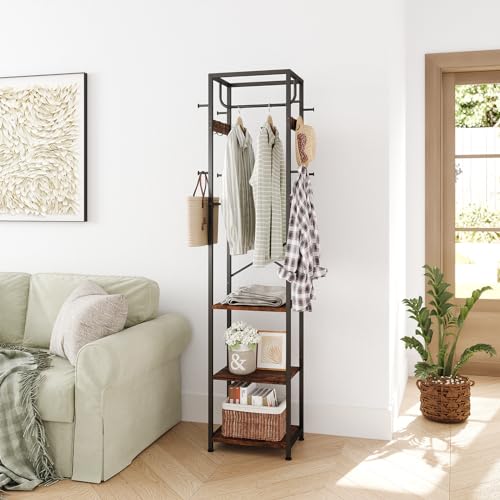 Coat Rack Freestanding, Hall Tree with 3 Shelves and 12 Hooks, Rustic Brown, view 7