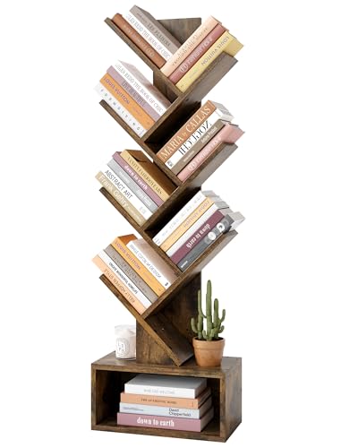 6 Tier Tree Bookshelf, Tall Bookcase with Drawer, Freestanding Book Shelf, Display Floor Standing Storage Shelf, Book Organizer Shelves for Home Office, Rustic Brown