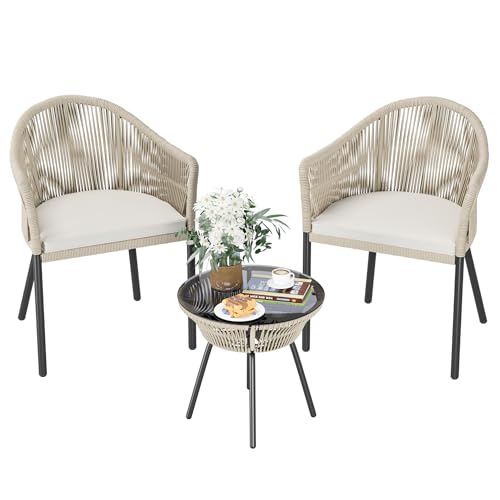 Patio Furniture Set 3 Pieces Rope Woven Bistro Set Outdoor Conversation Set with 2 Wide Chairs,Cushions and Tempered Glass Table for Balcony Porch Backyard Garden Poolside