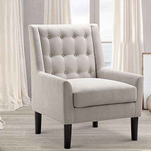 Accent Chair - Button Tufted Armchair for Living Room, Bedroom, Reading - Mid-Century Modern Lounge Chair Set - Natural