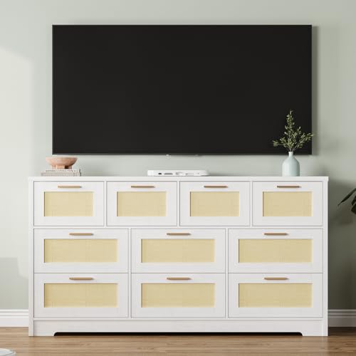 10 Drawer Dresser for Bedroom, 59 in Farmhouse Rattan Dressers & Chests of Drawers, Wooden Storage Organizer with Anti-Tipping Device for Living Room, Hallway, Entryway, White