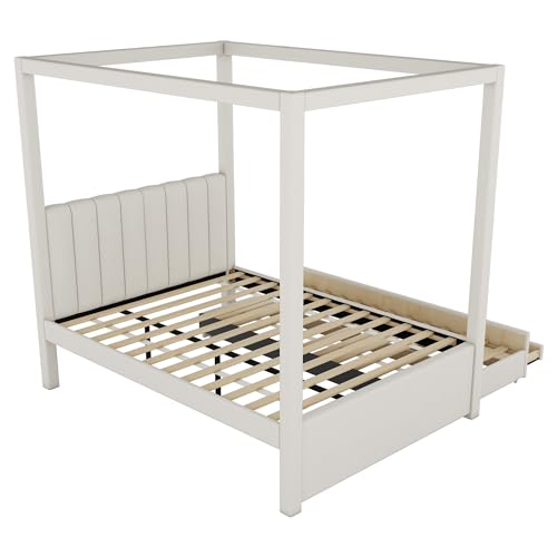 Full Size Upholstery Canopy Bed Frame with Trundle & 3 Drawers, view 8