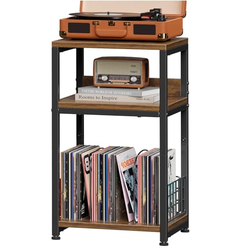 Rustic brown 3 tier record player stand with vinyl storage, view 2