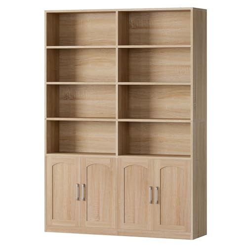 Bookshelf and Bookcase with Doors, 6 Tier Double Wide Large Bookshelves, Open Display Shelves, 73'' Tall Bookshelf with Storage Cabinets for Home Office, Living Room, Library, Oak