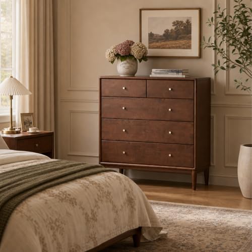 100% Solid Wood 5 Drawers Nightstand for Bedroom, Rubber Wood, view 6