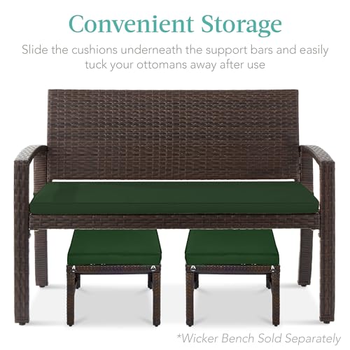 Best Choice Products Set of 2 Wicker Ottomans, Multipurpose Outdoor Furniture for Patio, Backyard, Additional Seating, Footrest, Side Table w/Removable Cushions, Steel Frame - Midnight Green/Brown