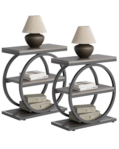 End Table, 3-Tier Side Table, Slim Sofa Side Table for Living Room, Tall Bedside Table Nightstand for Bedroom, Grey and Black