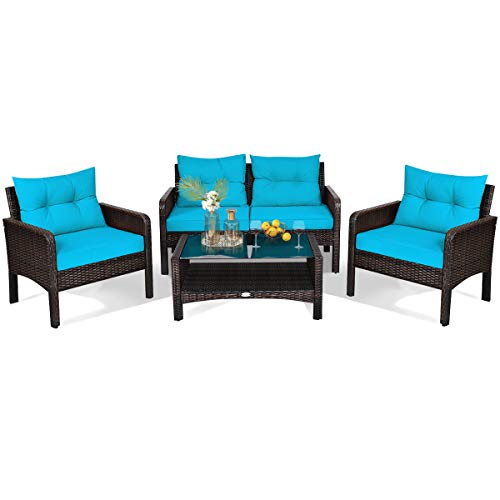 4-Piece Patio Furniture Set Outdoor Rattan Wicker Conversation Set with Coffee Table, Sectional Sofa Bistro Set with Cushions for Garden Poolside Backyard