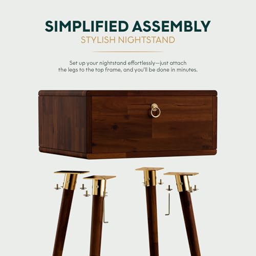 Alden Solid Wood Nightstand/Side Table/End Table, Fully Assembled, with 1-Drawer for Mid Century Bedroom and Living Room, (12mm), Dark Chocolate