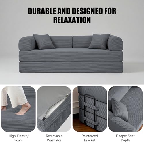 79" Boneless Couch,6-in-1 Convertible Sofa Bed,Corduroy Sleeper Sofa Bed with Pillows,Modular Foldable Floor Loveseat, Boneless Couches for Living Room, Bedroom, Lounge, Studio (Dark Gray)