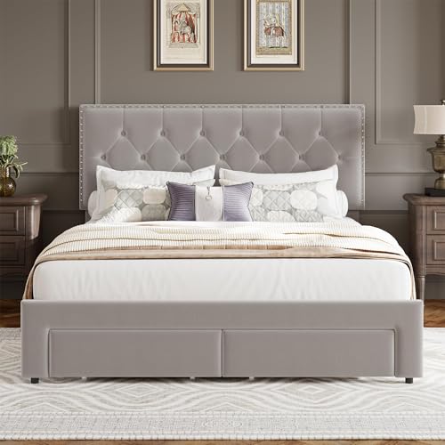 Full Size Velvet Upholstered Bed Frame, 2 Storage Drawers with Smooth Casters, Button Tufted Rivets Headboard, Wooden Slat Support, Noise Free & No Box Spring Needed, Beige Bedroom Bed