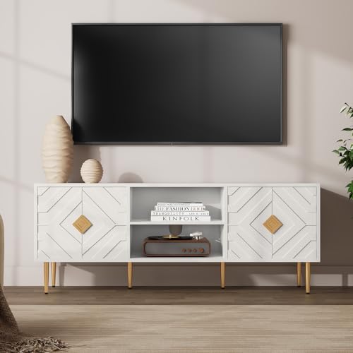 63'' White TV Stand for 65/70/75 inch TV, Entertainment Center with Storage Cabinets and Embossed Pattern Doors, Mid Century Modern Media TV Console Table for Living Room Bedroom