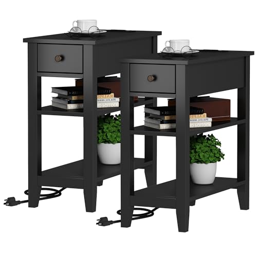 Black End Table Set of 2, Sofa Side Table Living Room with Charging Station,Narrow Night Stand with USB Ports & Power Outlets and Hidden Drawer